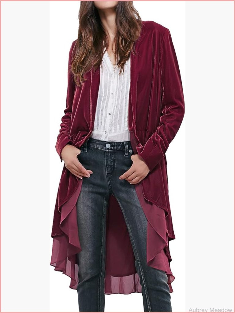 Asymmetric Long Velvet Blazer Coat Open Front Cardigan Jacket